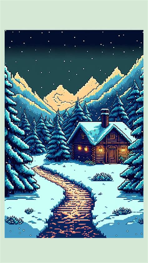 Snow Town Mountain Wooden Cabin Retro Pixel Art Fantasy Landscape