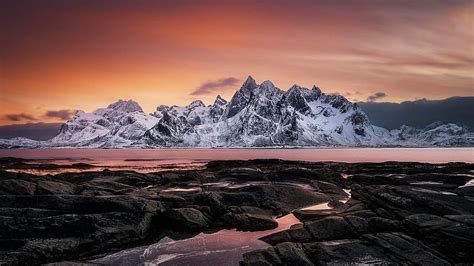 Guardians Lofoten Norway Snow Sky Sea Rocks Sunset Scandinavia