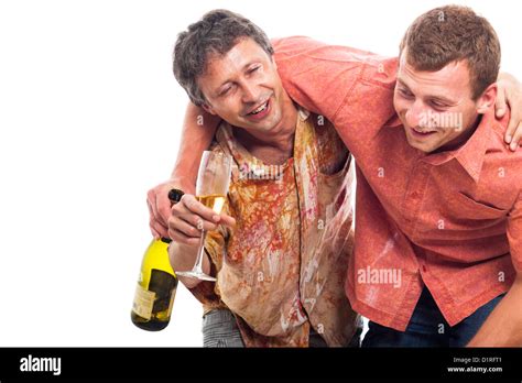 Two Drunken Men Laughing With Bottle And Glass Of Alcohol Isolated On White Background With