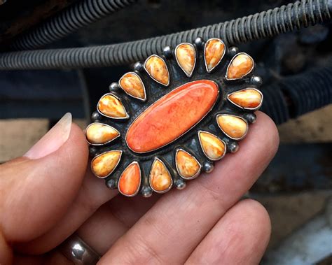 17g Large Navajo Lee Brown Cluster Ring Orange Spiny Oyster Shell Size