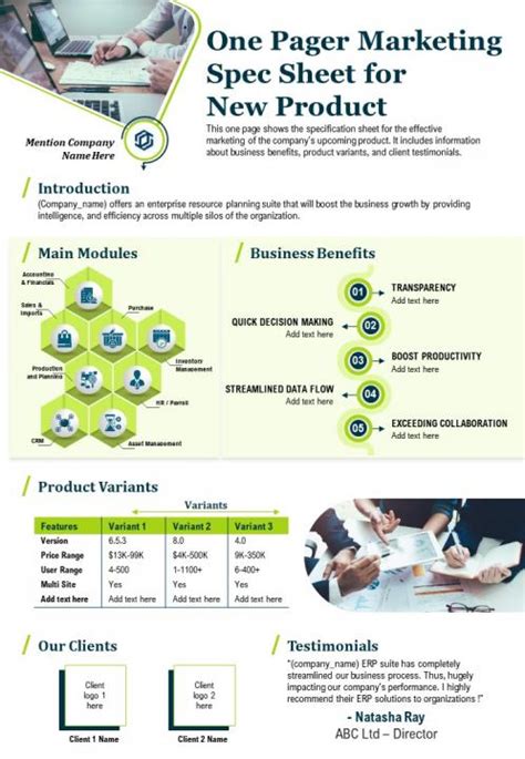 One Pager Marketing Spec Sheet For New Product Presentation Report