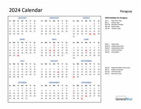 2024 Calendar With Holidays For Paraguay