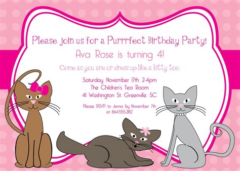 Printable Kitty Cat Birthday Invitation Kitten Kitties Pink Polka