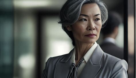 Premium Photo Middle Aged Asian Amercian Business Woman In A Grey Suit