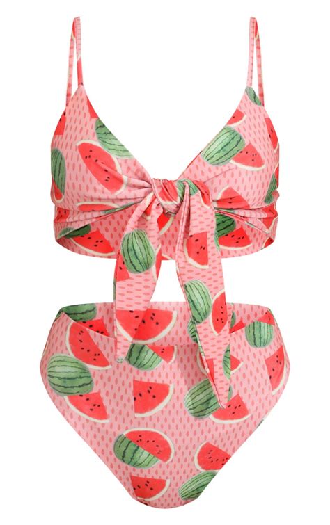 Watermelon Tie Front High Waisted Bikini Set Prettylittlething Usa