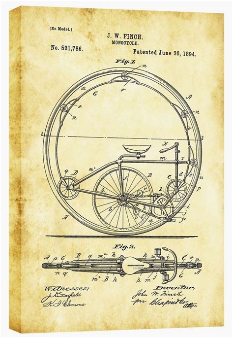 Monocycle Vintage Patent Wrapped Canvas Graphic Art Steampunk Wall