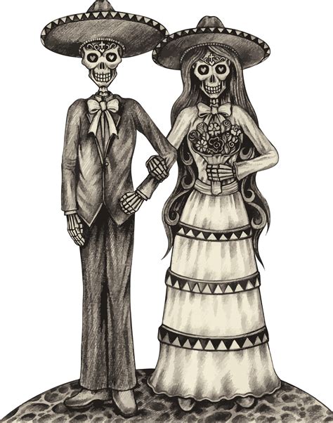 Art couple in love wedding mexican skulls. Hand drawing and make