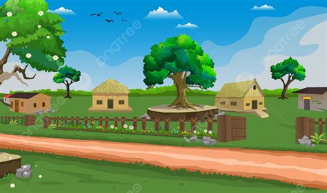 Background Ilustrasi Latar Belakang Kartun Desa Dengan Pondok Gaya Lama