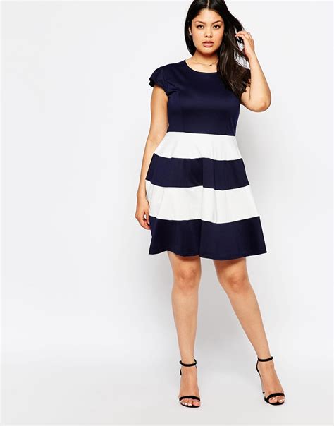 praslin plus size skater dress with striped skirt in blue navywhite lyst