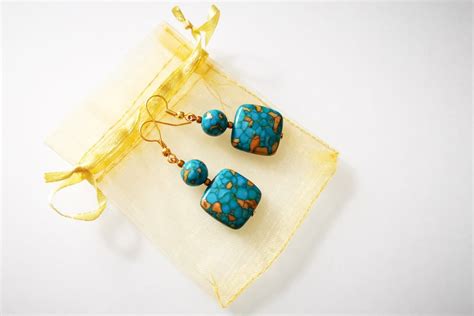 Square Turquoise Drop Earrings Kikulu Vintage Costume Jewellery And