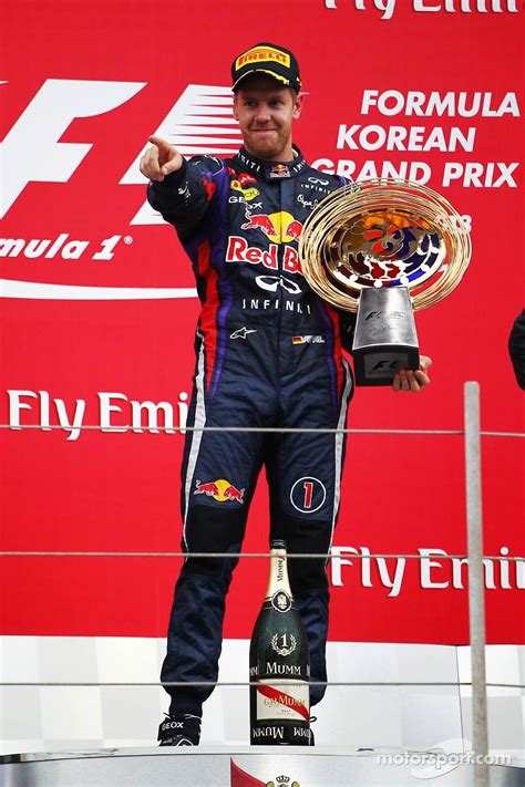 Race Winner Sebastian Vettel Red Bull Racing Celebrates On The Podium