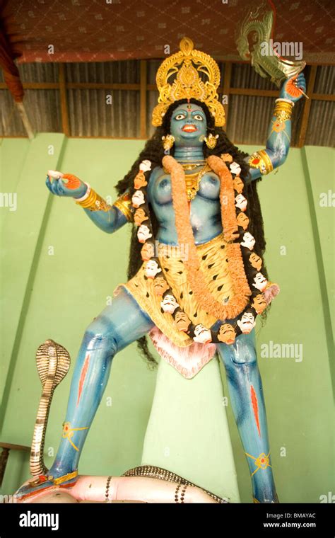 Statue Of Half Naked Goddess Durga Blue Idol Small Village District