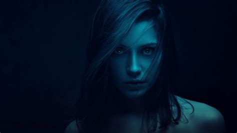 Simple Background Dark Ksenia Kokoreva Blue Model Long Hair Face