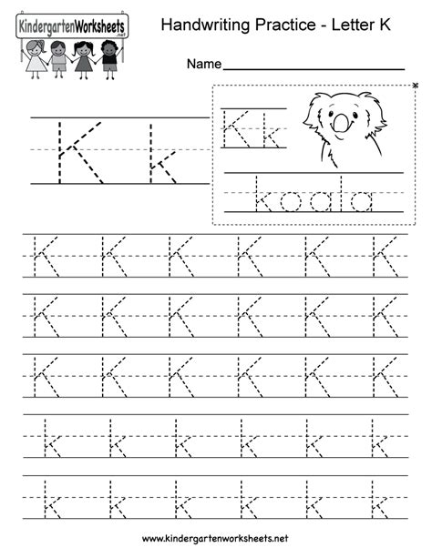 Dot trace or hollow letters. Kindergarten Letter K Writing Practice Worksheet Printable ...