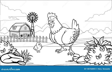 black and white coloring page hen in the farm with her chick cartoon vector