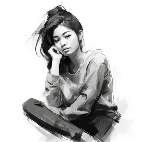 Mulher Jovem Asiática Em Pensamento E Dúvidas Ilustração Monocromática Personagem Feminina