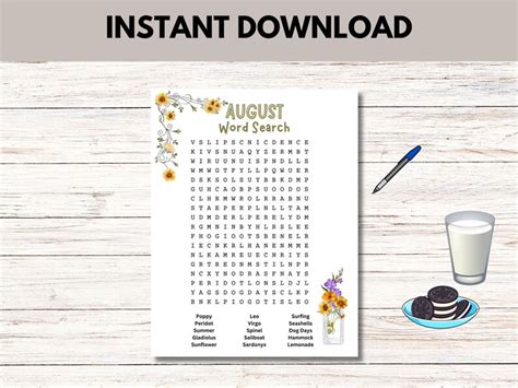 Printable August Word Search Summer Word Find Home School Puzzle Etsy