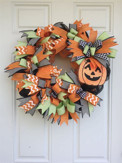 Halloween Fall Pumpkin Wreath Mesh And Ribbon Wreath Halloween Etsy