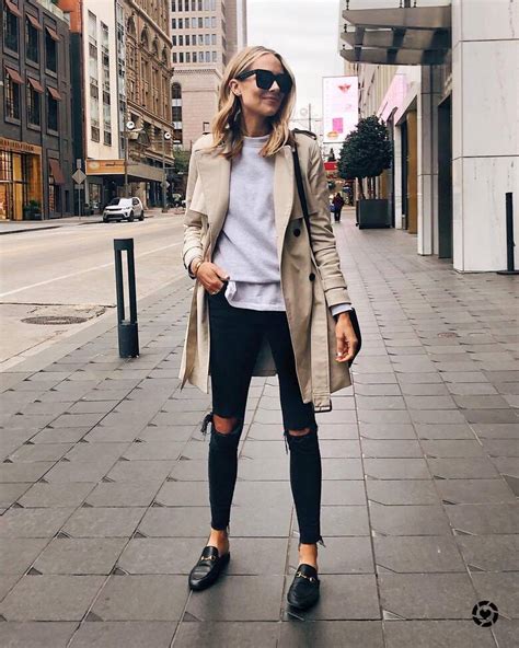 coat trench coat black loafers mules black skinny jeans black ripped jeans sweater white
