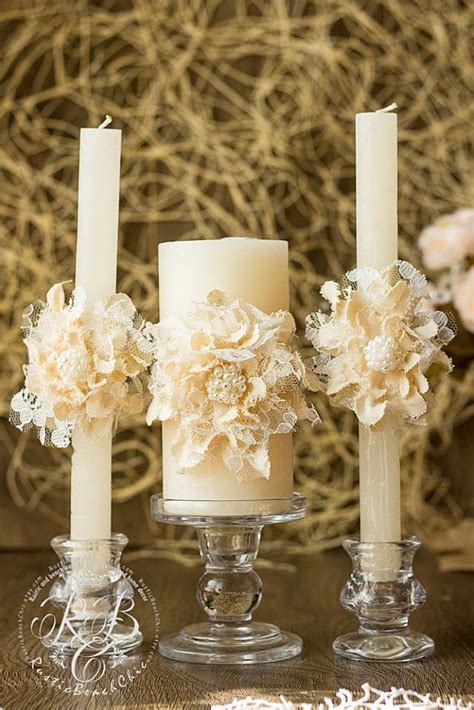 Ivory Wedding Unity Candles Handmade Flower Rustic