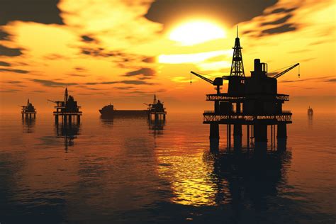 Sea Oil Platforms and Tanker in the Sunset 3D render - Littlegate