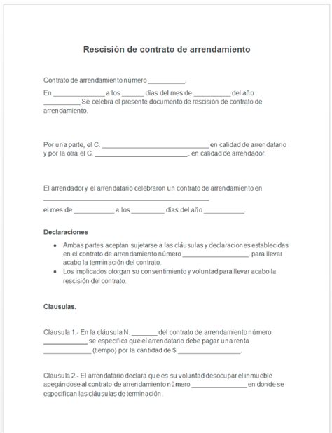 Rescisi N De Contrato De Arrendamiento Ejemplos Formatos Word Pdf