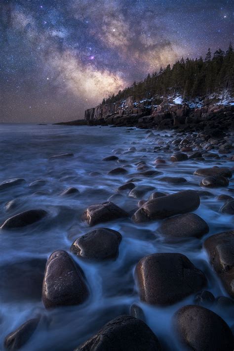 The Milky Way Rises Over Otter Cliffs Seen From Boulder Beach In Acadia