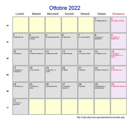 Calendario Ottobre 2022 Con Festività E Fasi Lunari