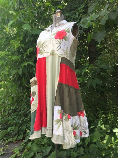 Upcycled Loose Fit Patchwork T Shirt Dress Artsy Red And Green