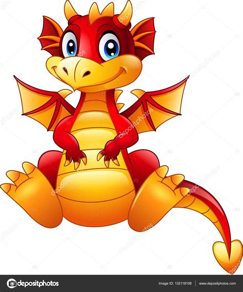 Cartoon Red Dragon Sitting Isolated On White Background Stock Vector