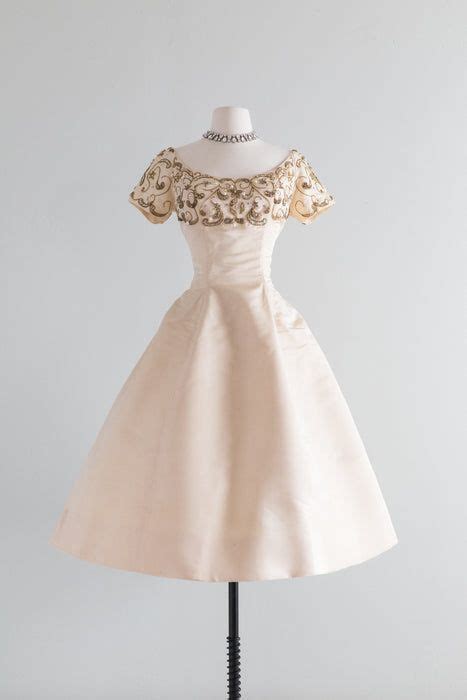 1950s Ivory Peau De Soie Beaded Evening Dress By Ceil Chapman Waist