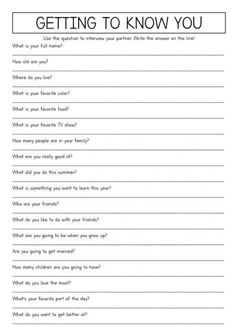 Getting To Know You Worksheet Adults