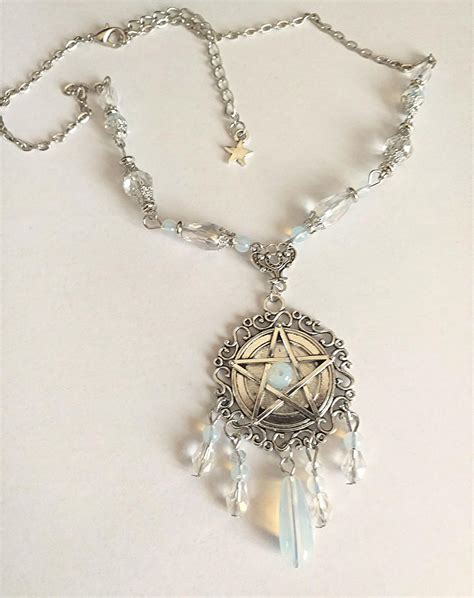 crystal beaded wiccan pentagram silver necklace pendant pagan pendants pentagram necklace