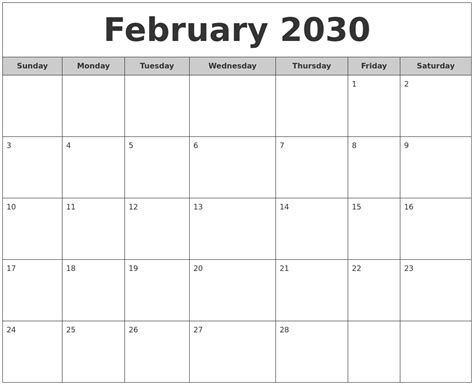 February 2030 Free Monthly Calendar
