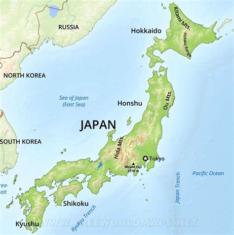 Mount fuji, japan's tallest and most famous mountain, is climbed by several hundred thousand people each year. Japan Physical Map