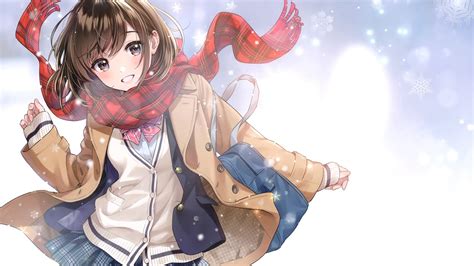 Download 1920x1080 Anime School Girl Winter Scarf Brown Hair Coat