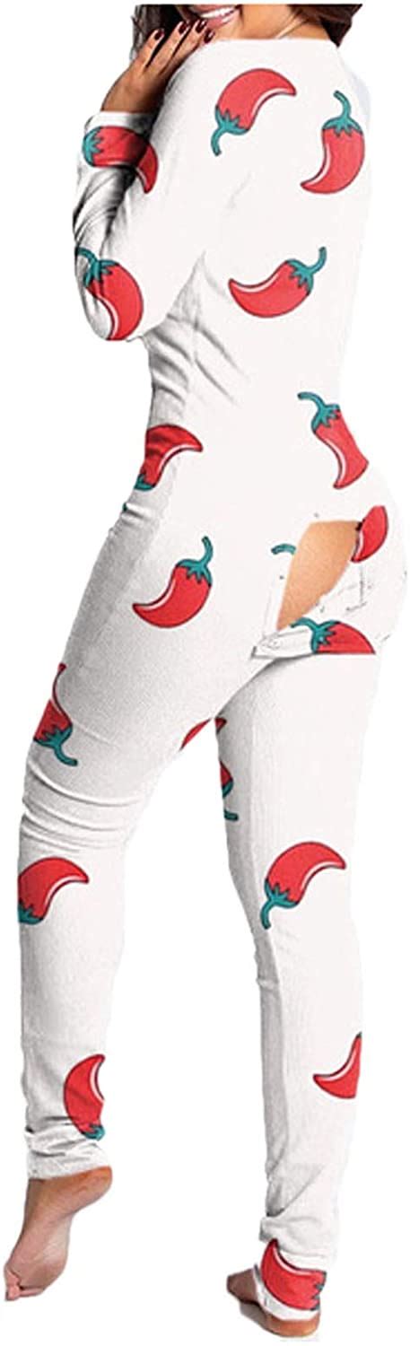 Sexy Butt Flap Pajamas For Women Long Sleeve Rompers Red Lip Print Vneck Button Down