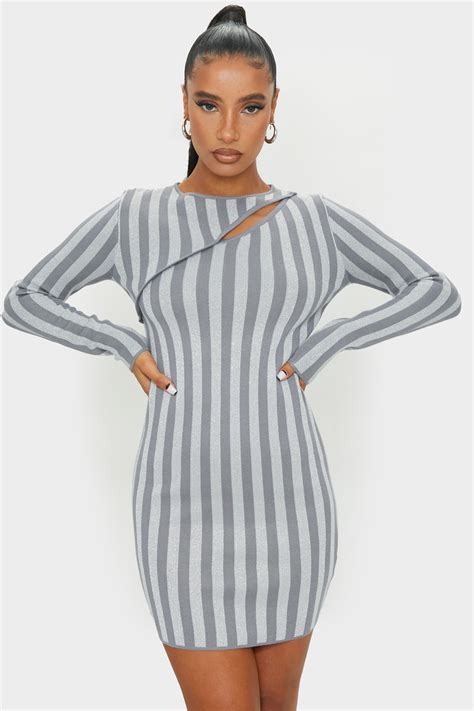 Grey Striped Knitted Bodycon Mini Dress Prettylittlething