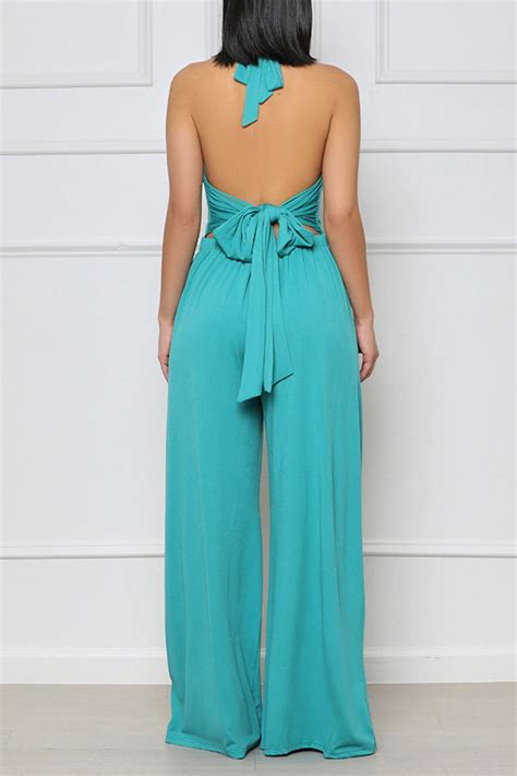 Wholesale Blue Sexy Solid Bandage Patchwork Backless Straight Jumpsuits