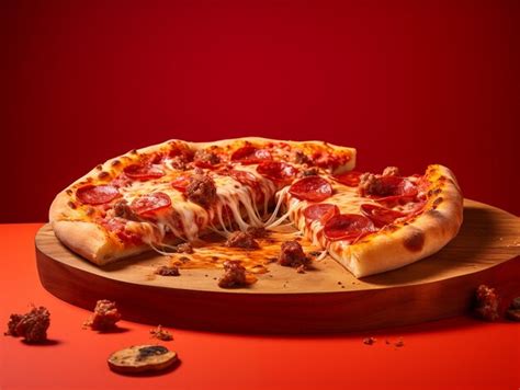 Premium Ai Image Delicious Pepperoni Pizza On A Red Colored