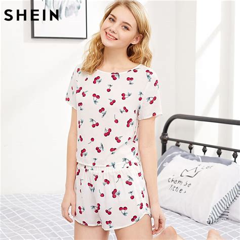 Buy Shein Cherry Print Cartoon Top And Shorts Pajama