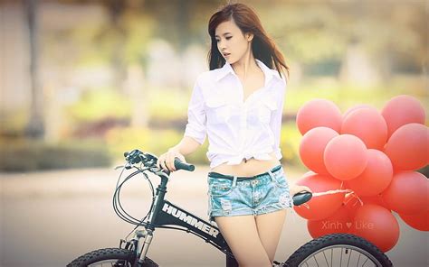 Time To Ride Bicycle Brunette Girl Balloons Hd Wallpaper Peakpx