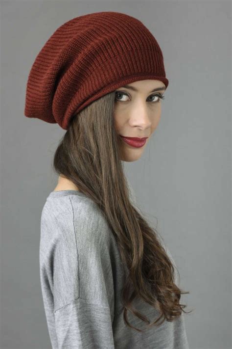 Slouchy Beanie Hat 100 Pure Cashmere Ribbed Knitted Bordeaux Made In Italy