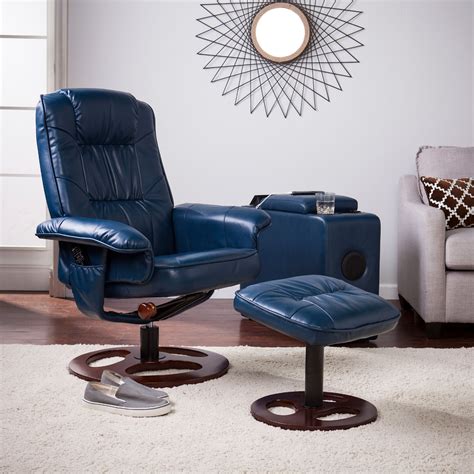 Southern Enterprises Lirrados Faux Leather Swivel Recliner With Ottoman Navy
