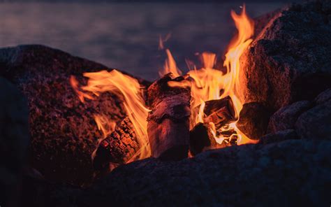 Download Wallpaper 3840x2400 Bonfire Fire Flame Stones Firewood 4k
