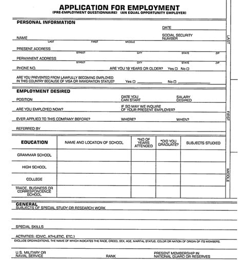 Employment Application Form Free Printable