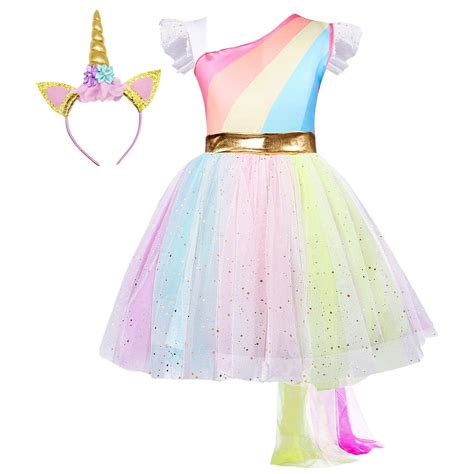 Girls Rainbow Unicorn Costume With Headband Tutu Outfits Fluffy Tulle