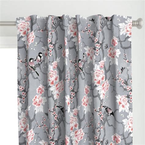 Gray Chinoiserie Curtain Panel Chinoiserie Birds By Adenaj Etsy