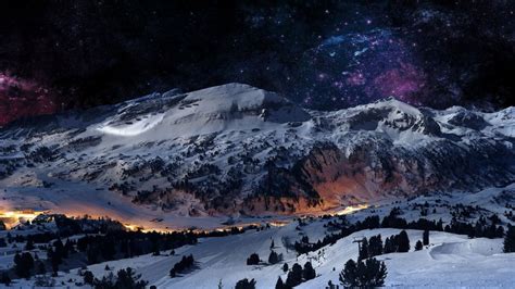 Nature Snow Winter Landscape Mountains Stars Night Lights