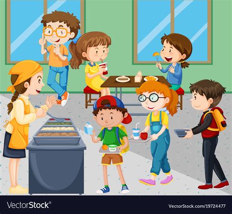 Children eating lunch in cafeteria Royalty Free Vector Image